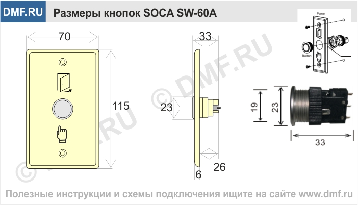 Кнопка выхода SOCA SW-60A - габариты