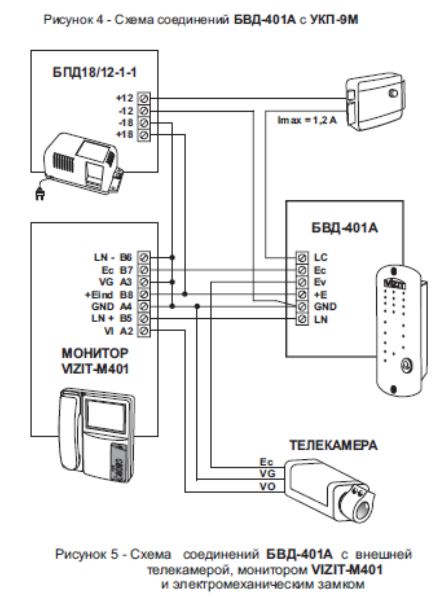 Схема соединений с внешней телекамерой, монитором и электромеханическим замком