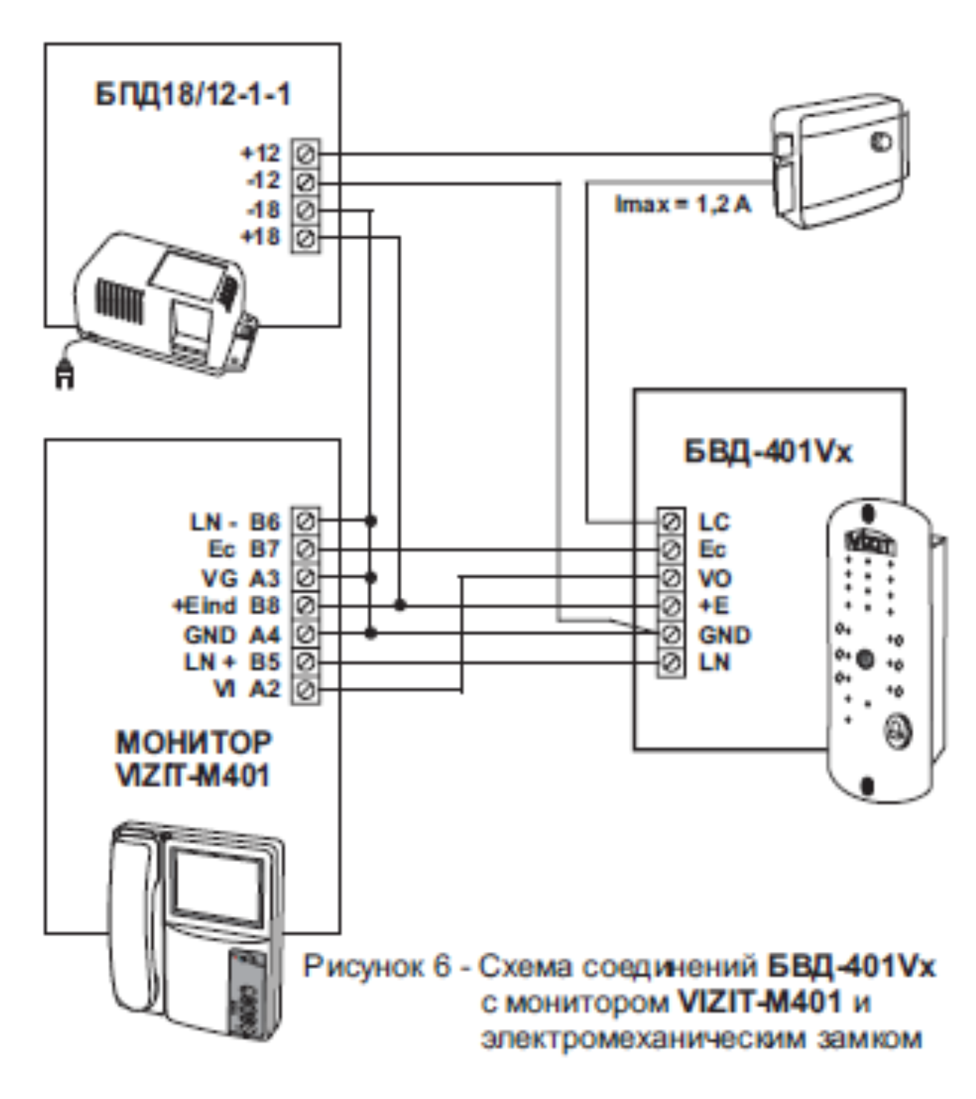 Схема соединений с монитором и электромеханическим замком