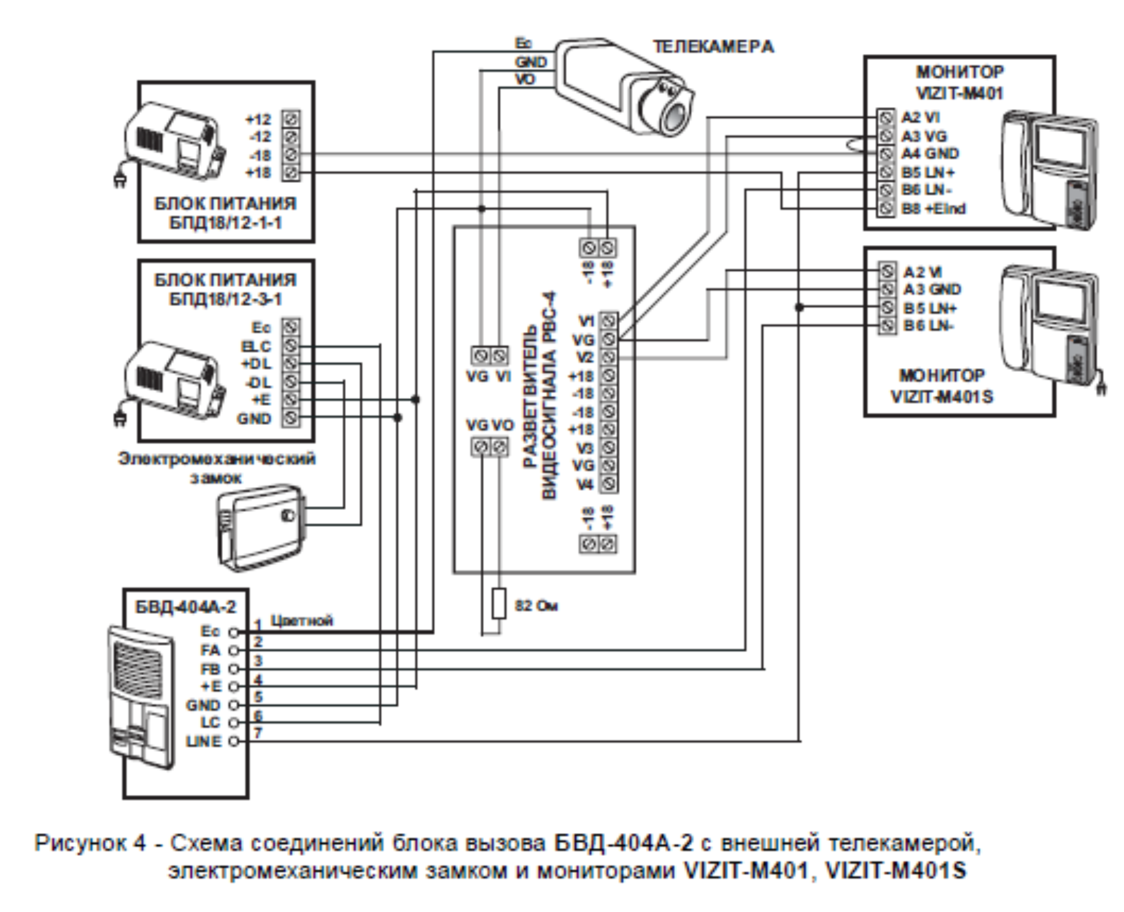Рисунок 4 - Схема соединений блока вызова БВД-404А-2 с внешней телекамерой, электромеханическим замком и мониторами VIZIT-M401, VIZIT-M401S