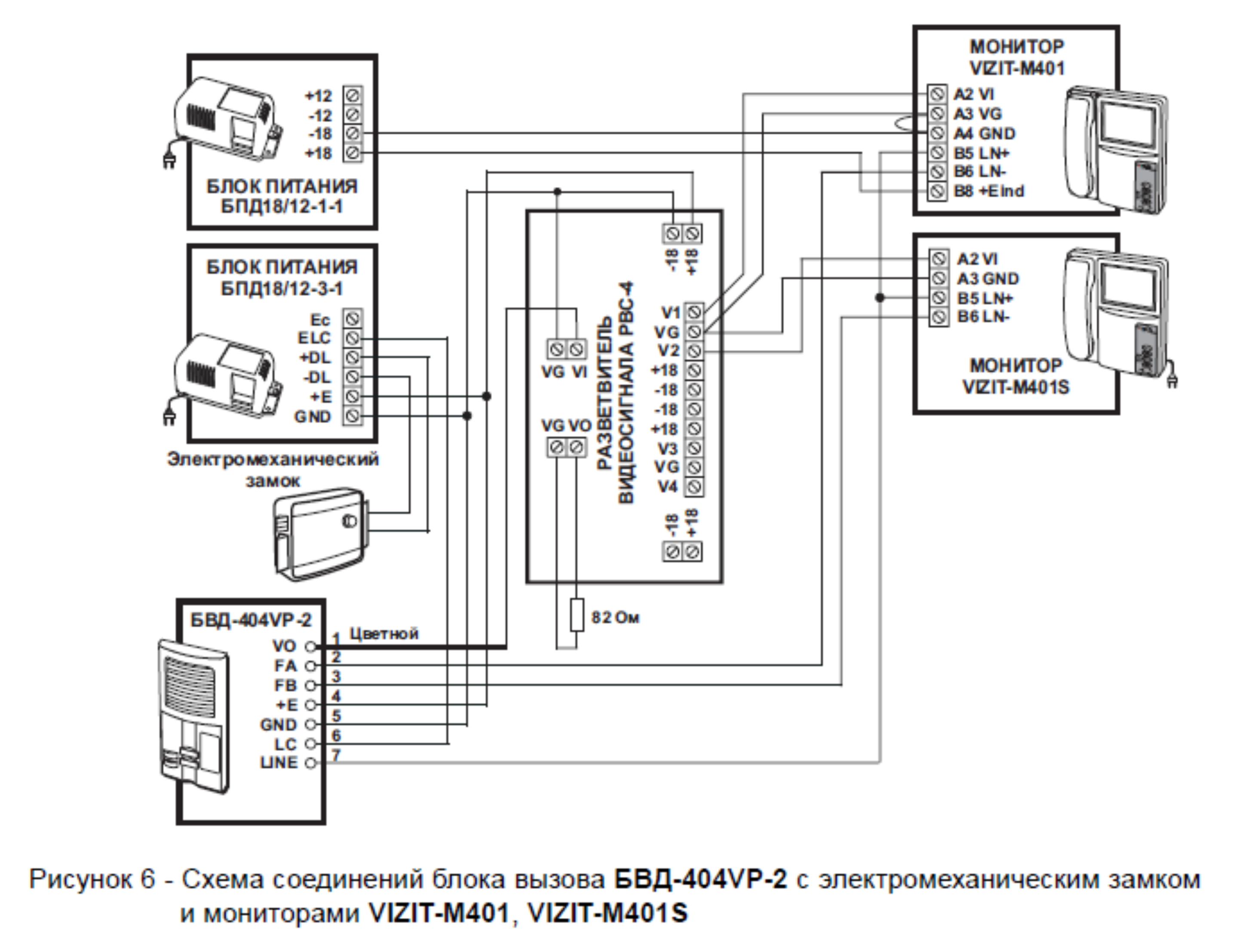 Рисунок 6 - Схема соединений блока вызова БВД-404VP-2 с электромеханическим замком и мониторами VIZIT-M401, VIZIT-M401S